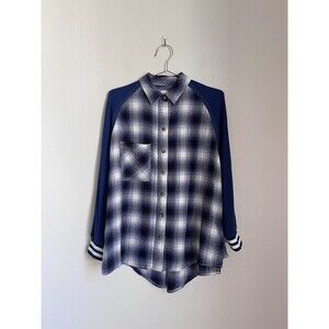 BDG Keanu Varsity Flannel Shirt in Blue/White Size SMALL